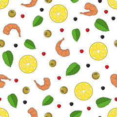 seamless pattern made from hand drawn lemons, shrimps, pepper. White background. For packaging, advertisements, menu for cafe and restaurants. Vector illustration. Endless picture.