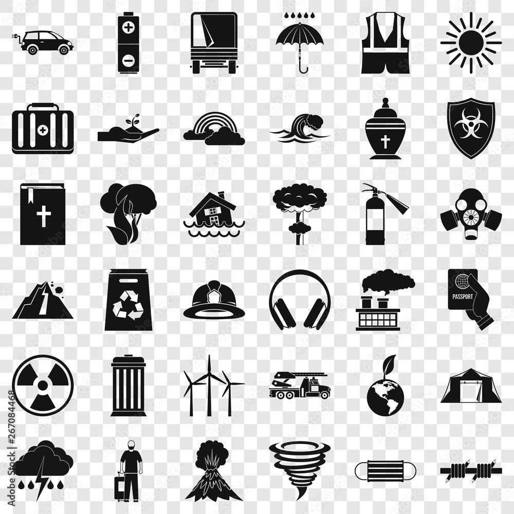 Poster modern disaster icons set. simple style of 36 modern disaster vector icons for web for any design