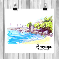 Hand drawn seascape Sketch for your design,Drawn in color ink or markers on white background