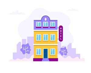 Fototapeta premium Hotel building with city background. Concept vector illustration in flat style for booking, reservation, travel, architecture, business.