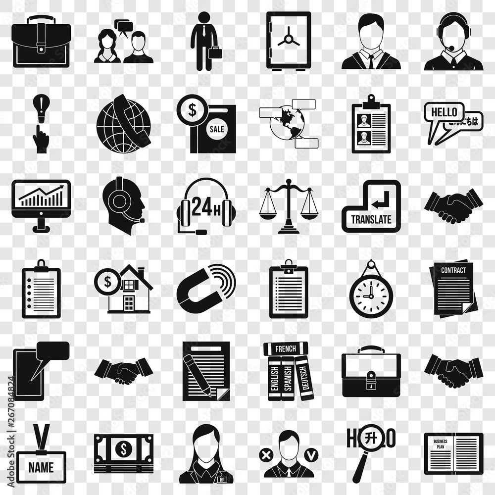 Poster office discussion icons set. simple style of 36 office discussion vector icons for web for any desig