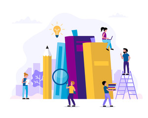 Reading and learning concept illustration with books, pencil, small people characters doing various tasks. Vector illustration in flat style
