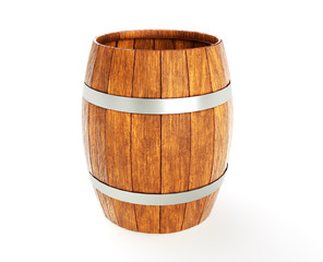 Wooden barrel with iron hoops isolated on white background. 3d rendering. Old barrel with rust on the hoops. Front view