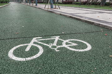 green bicycle lane for biking, beside the walkway