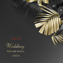 Tropical black and gold leaves on dark background vector poster Beautiful botanical design with golden tropic jungle palm leaves, exotic flower. Wedding ceremony invitation card, holiday sale greeting