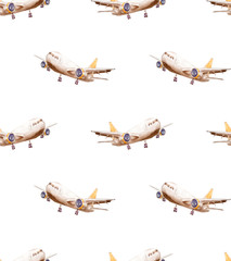 Seamless repeating pattern of planes with a yellow tail and light wings on a white background.