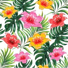 Fotobehang Blooming spring-summer flowers plants with branches of tropical palm trees. Seamless pattern. Vector image © podtin