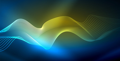 Glowing abstract wave on dark, shiny motion, magic space light. Vector techno abstract background