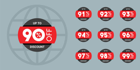 Set of discount labels. Vector discount tags collection with percent set. 90% off, 91, 92, 93, 94, 95, 96, 97, 98, 99 percent sale label symbols.