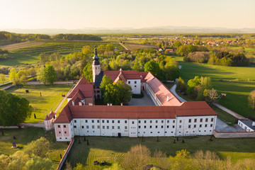 Aerial view of Cistercian monastery Kostanjevica na Krki, homely appointed as Castle Kostanjevica,...