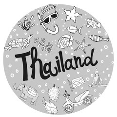 Vector illustration of Thailand. Inscriptions and symbols of the country in the form of a circle.