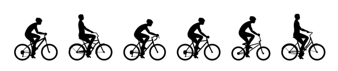 Set of Men riding bicycles. isolated on white background