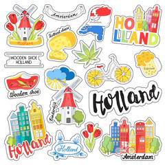 A set of stickers for design, planning summer vacation, travel, adventure or business trip. Doodle cartoon icons, the tourist sites of the Netherlands. Vector illustration