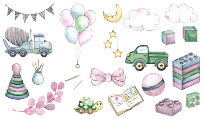Happy Birthday watercolor collection with cute animals, toys, cars, blocks, balloons for kids, baby shirt design, nursery decor, card making, party invitations, scrapbooking, packaging, posters