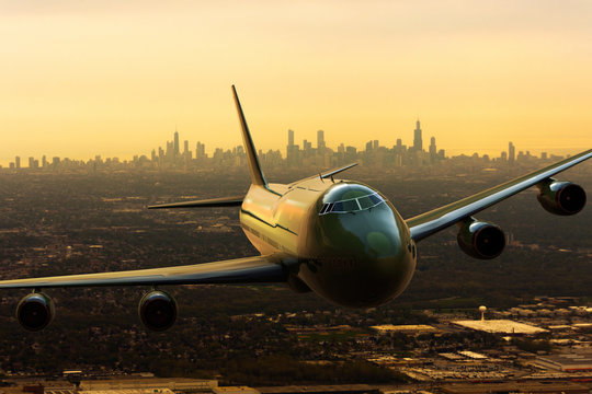 3D rendering of a commercial airplena departing from Chicago, USA