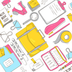 School and office supplies on white background. Background of stationery for graphic design, web banners and printed materials. Vector illustration