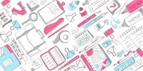 School and office supplies on white background. Background of stationery for graphic design, web banners and printed materials. Vector illustration
