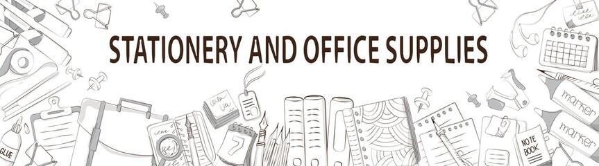 Composition of school and office supplies on white background. Background of stationery for graphic design, web banners, website template and printed materials. Vector illustration