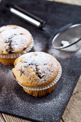 Two fresh homemade muffins with sugar powder and metal strainer closeup on black board.