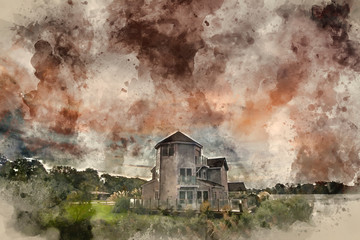 Watercolour painting of Beautiful dramatic clouds formation over lake landscape immediately prior to violent storm