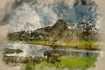 Fototapeta na wymiar Watercolour painting of Stormy dramatic sky over Lake District countryside landscape