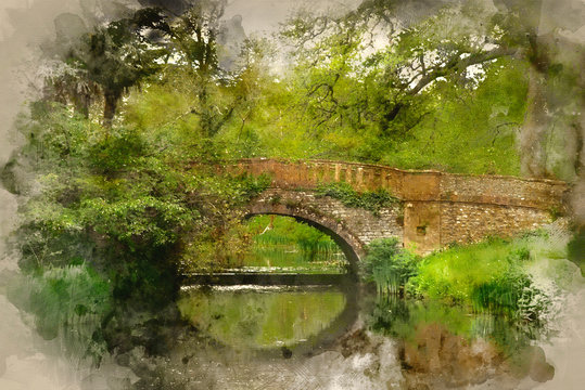 Watercolour painting of Stunning landscape image of old medieval bridge over river with mirror like reflections of countryside