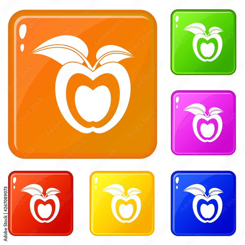 Poster apple with leaves icons set collection vector 6 color isolated on white background