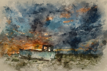 Fototapeta na wymiar Watercolour painting of Abandoned fishing boat on beach landscape at sunset