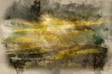Watercolour painting of Sunbeams over Big Moor in Peak District National Park in Autumn