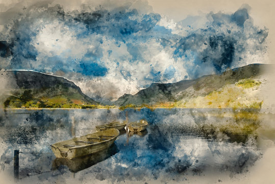 Watercolour painting of Landscape image of rowing boats on Llyn Nantlle in Snowdonia National Park at sunset.