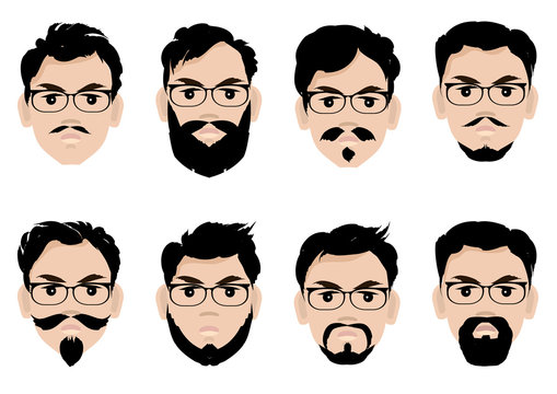 Set of men's faces with glasses, beard and hairstyles. Vector illustration