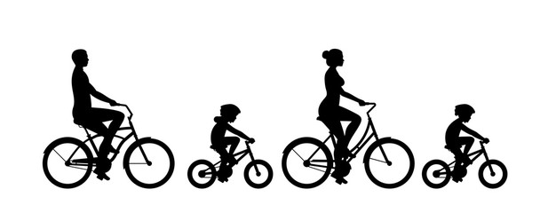 Fototapeta na wymiar Happy family riding bicycle together. Group of people riding bikes. isolated on white background