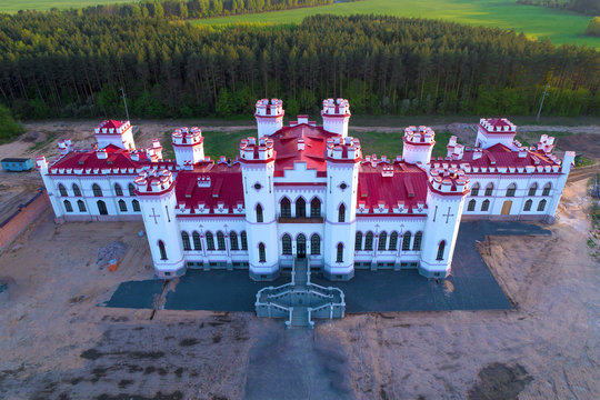 Restored ancient castle-palace of Puslovsky close up on an April afternoon. Kossovo, Belarus