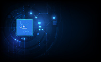 eSIM card chip sign. Embedded SIM concept. New mobile communication technology and  processor background circuit board vector illustration