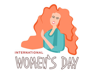 Beautiful girl of European appearance. Postcard Happy women's day and celebration of women's liberation, equality. Hand-drawn vector illustration of people of different races