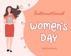 A business woman in a social society runs a business. The concept of feminism, women's power, movement, women's equality, equal social and civil rights. Vector illustration of people