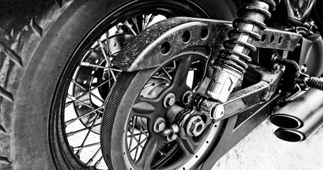 Motorcycle, metal and chrome engine parts in closeup