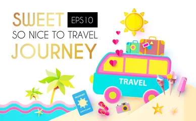 Fotobehang Sweet Journey. Vacation and Travel Design Template. Papercraft. © feaspb