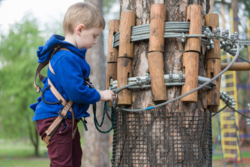 A little boy is training in a rope park. The child climbs the obstacle course. Active recreation in the park in the fresh air.