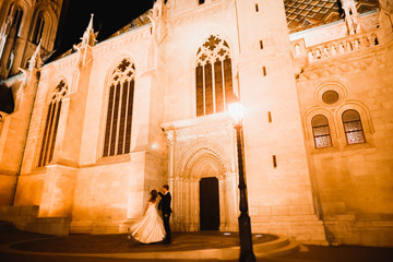 Obraz premium Beautiful bride spinning with perfect dress near great historical building