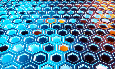 Glowing black blue and orange hexagons background pattern on silver metal surface 3D rendering