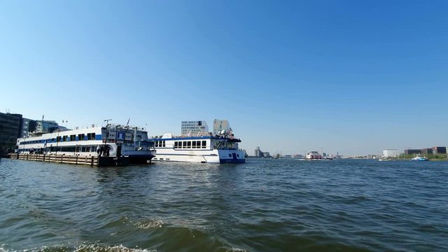 Ferries standing at the pier in Amsterdam, Transport connecting the Central and Northern part of Amsterdam