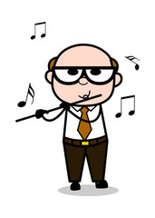 Playing Flute - Retro Cartoon Father Old Boss Vector Illustration