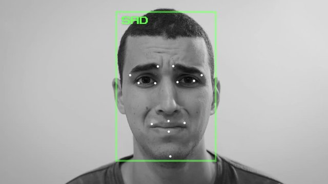 Artificial intelligence detects young man's emotion by face tracking