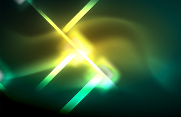 Naklejka premium Neon square and line lights on dark background with blurred effects