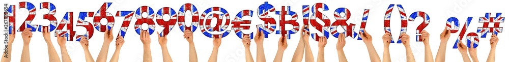 Wall mural numbers and special character signs symbols set collection of people holding up wooden letters with uk union jack great britain british flag colors isolated white background design pattern - Wall murals