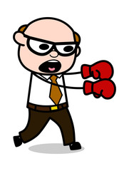 Punching - Retro Cartoon Father Old Boss Vector Illustration