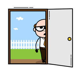 Standing Outside the Door - Retro Cartoon Father Old Boss Vector Illustration