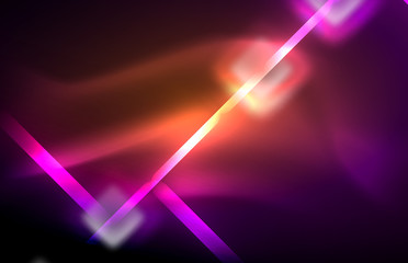 Neon square and line lights on dark background with blurred effects