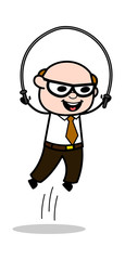 Playing with Skipping Rope - Retro Cartoon Father Old Boss Vector Illustration